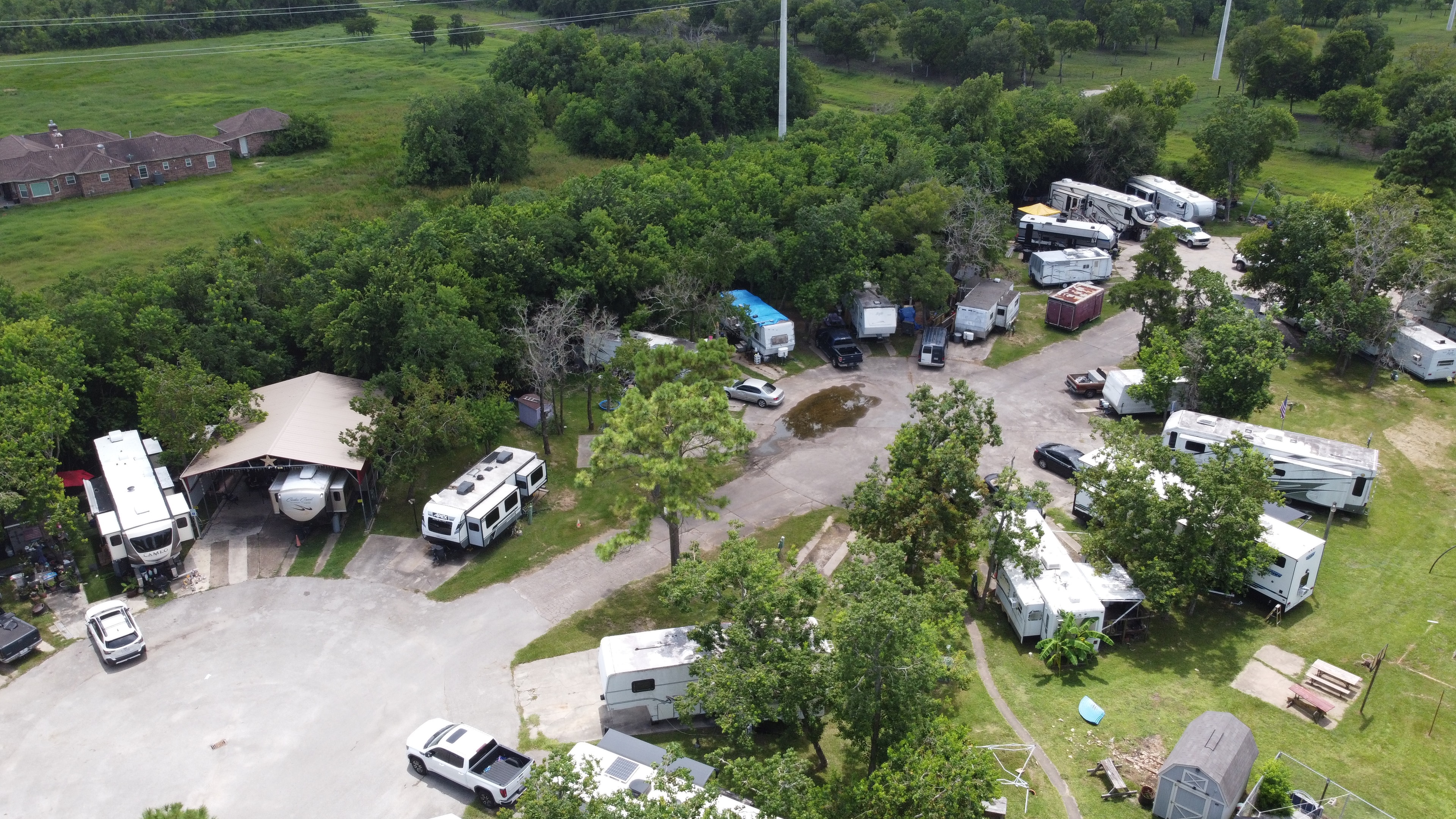 Aerial view of RV sites and grounds at Little Thicket RV Resort
