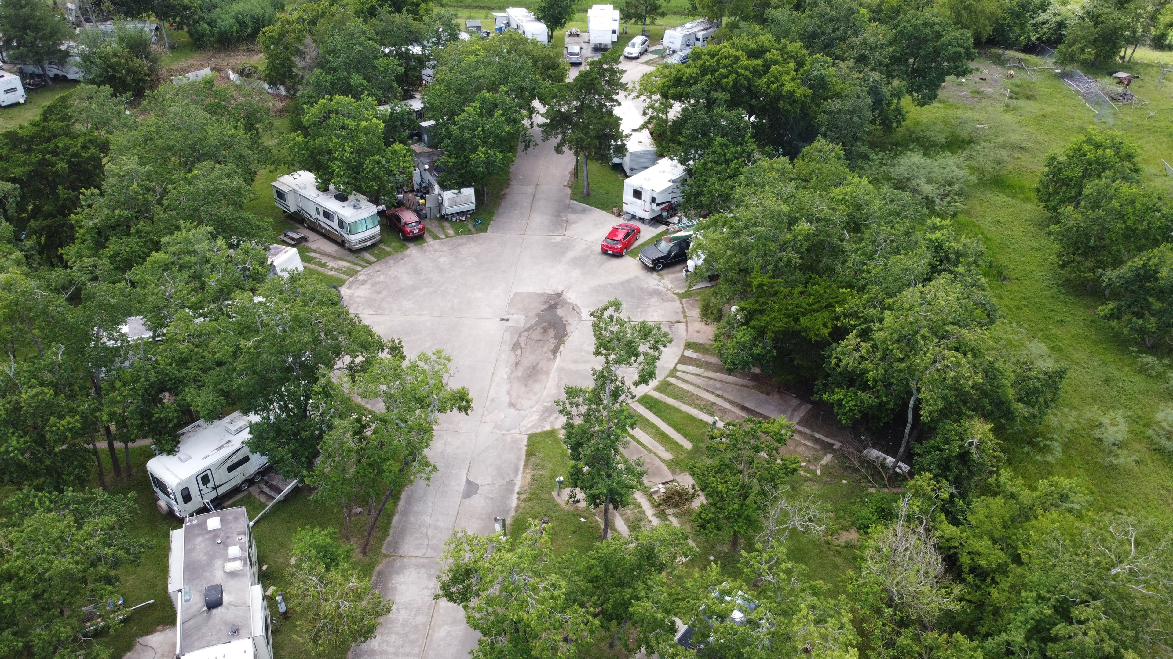 Aerial view of concrete drive lanes and RV sites at Little Thicket