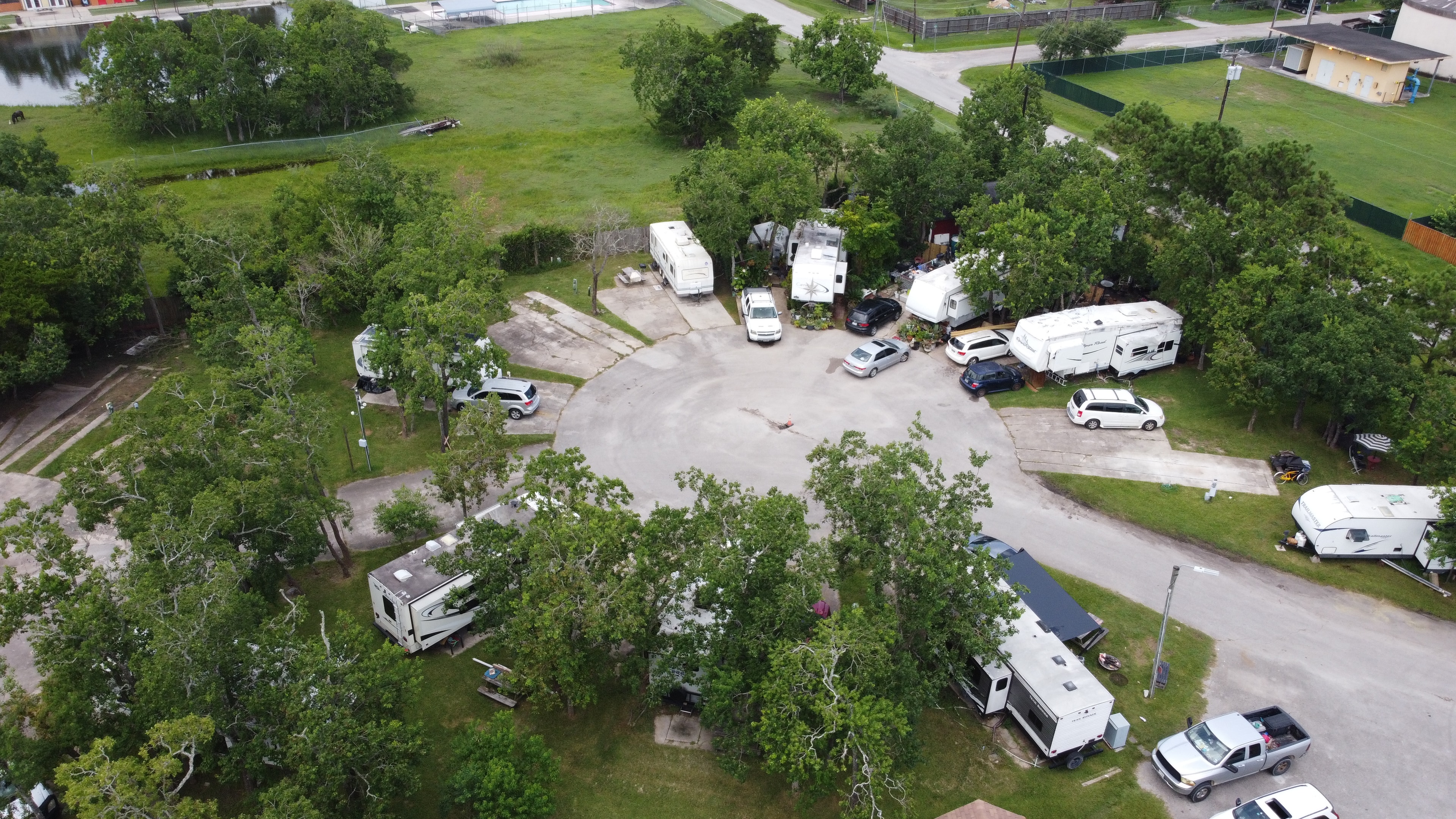 Aerial view of Little Thicket RV Resort near waterway